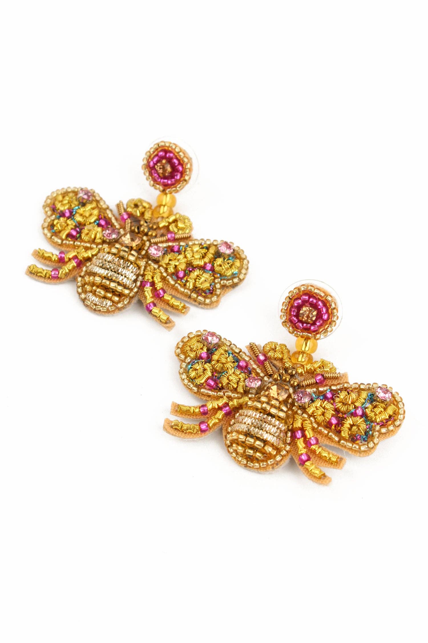 My Doris Earrings - Beaded Bee Gold and Pink