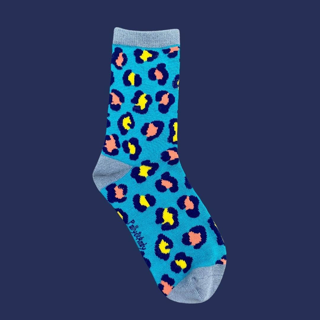 Polly & Andy Bamboo Childrens Socks - Teal Leopard