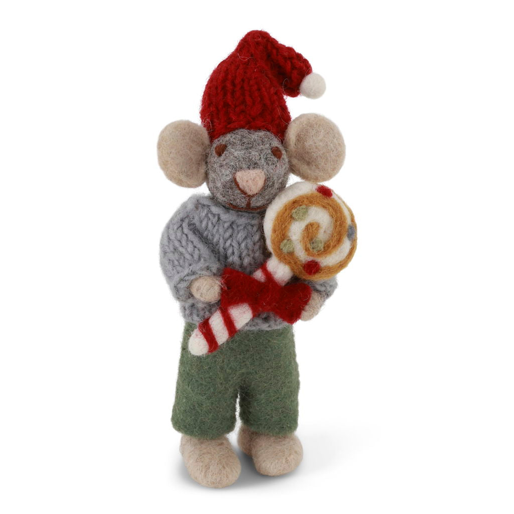 Gry & Sif Christmas - Handmade Felt Mouse Boy with Candy