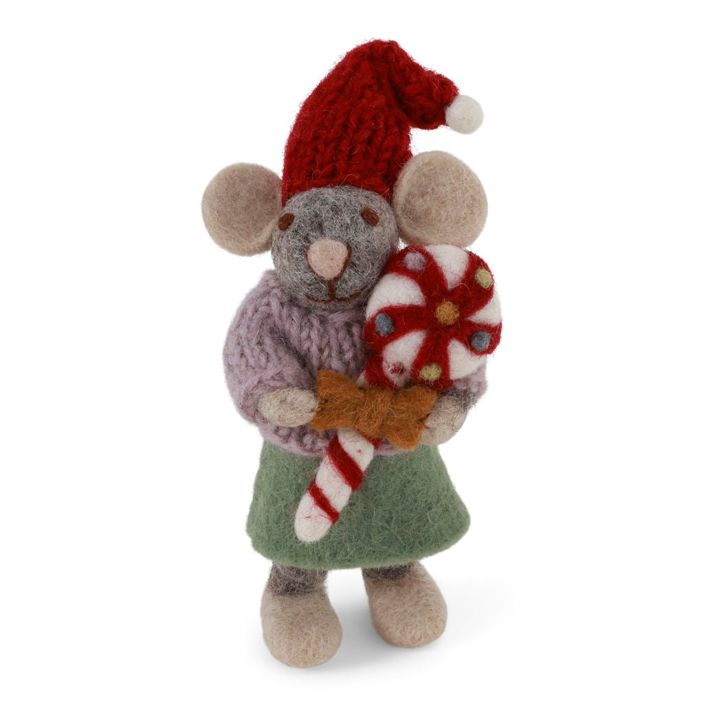 Gry & Sif Christmas - Handmade Felt Mouse Girl with Candy