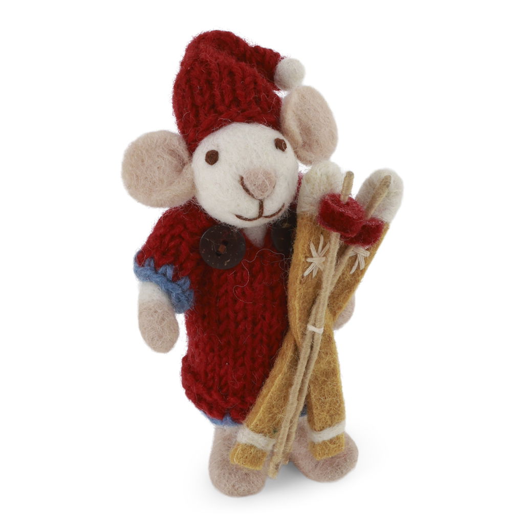 Gry & Sif Christmas - Handmade Felt Mouse Girl with Skis