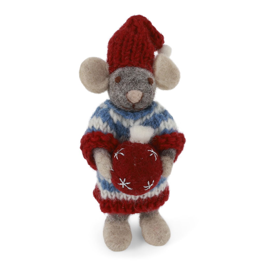 Gry & Sif Christmas - Handmade Felt Mouse Girl with Christmas Bauble