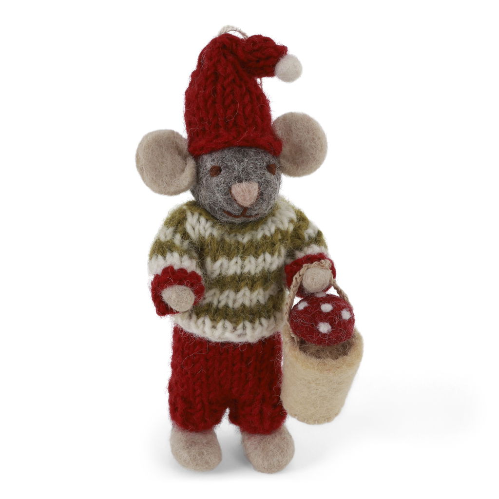 Gry & Sif Christmas - Handmade Felt Mouse with Mushroom Bucket