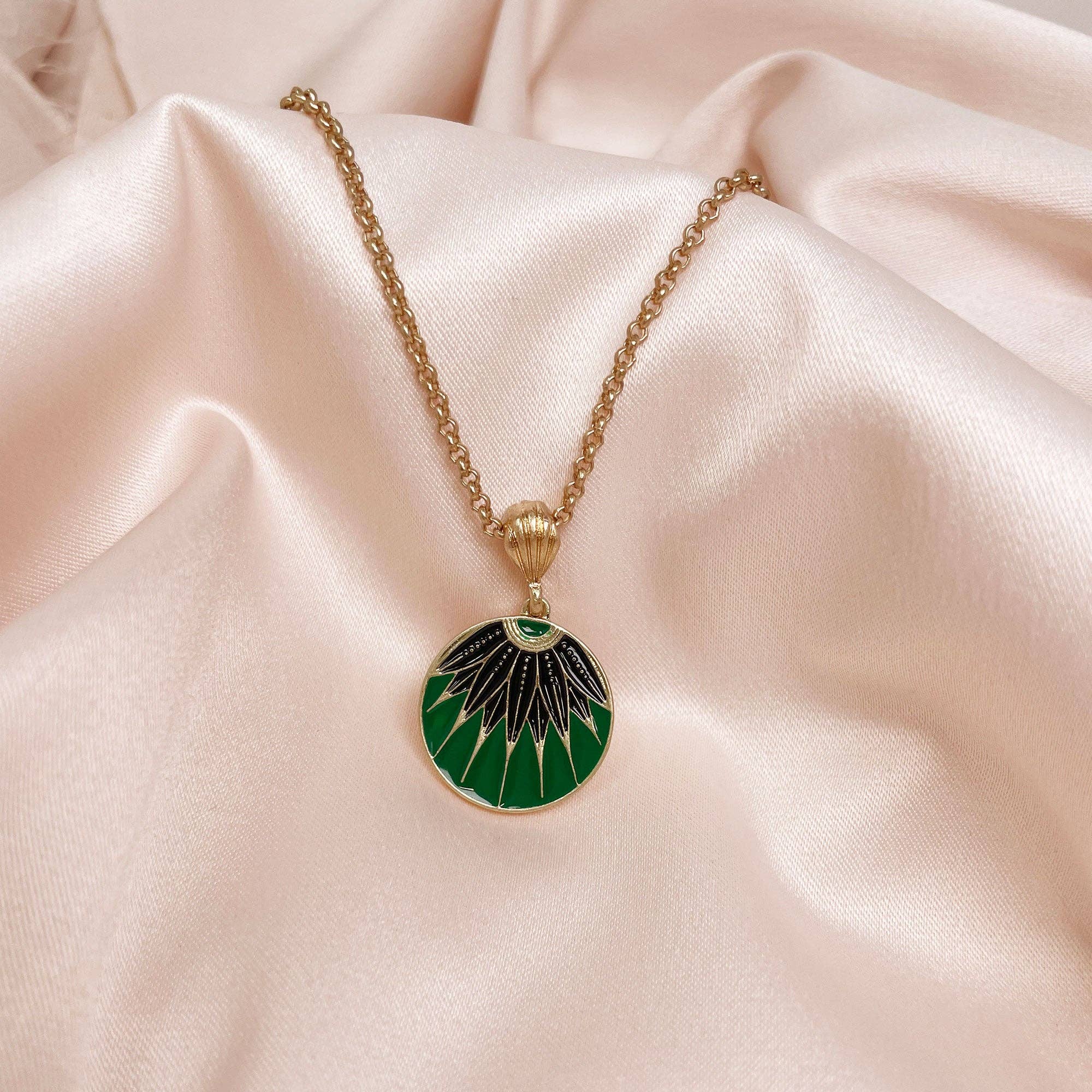 Lovett Necklace - Art deco disc vintage pendant necklace: Green enamel necklace