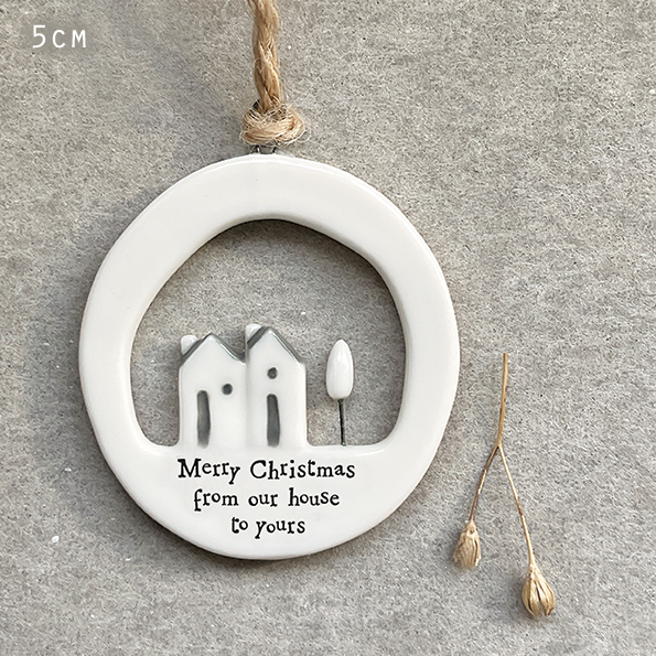 East of India Christmas Porcelain Bauble Cut Out - Merry Christmas from Our House