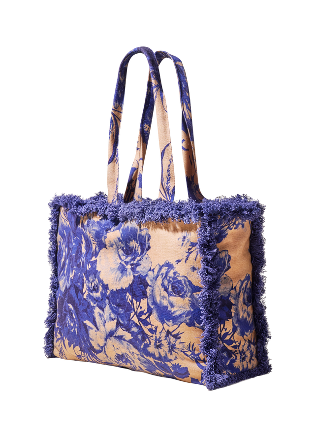 Powder Bag - Fringed Tote - China Blue Blooms