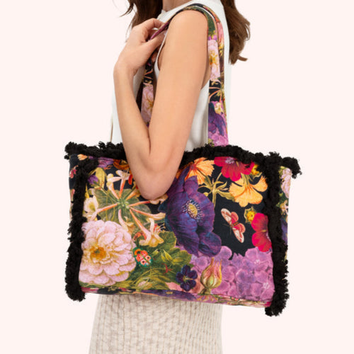 Powder Bag - Fringed Tote - Midnight Posy