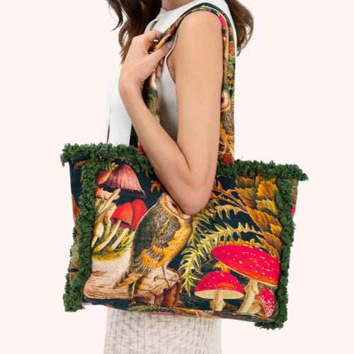 Powder Bag - Fringed Tote - Woodland Owl