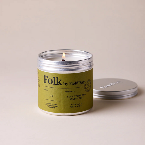 Field Day Folk Tin Candle - Kin (Green stems and Wild Violet)