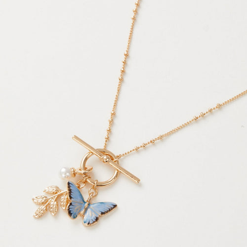 Fable Jewellery - Enamel Blue Butterfly & Leaf Charm Necklace