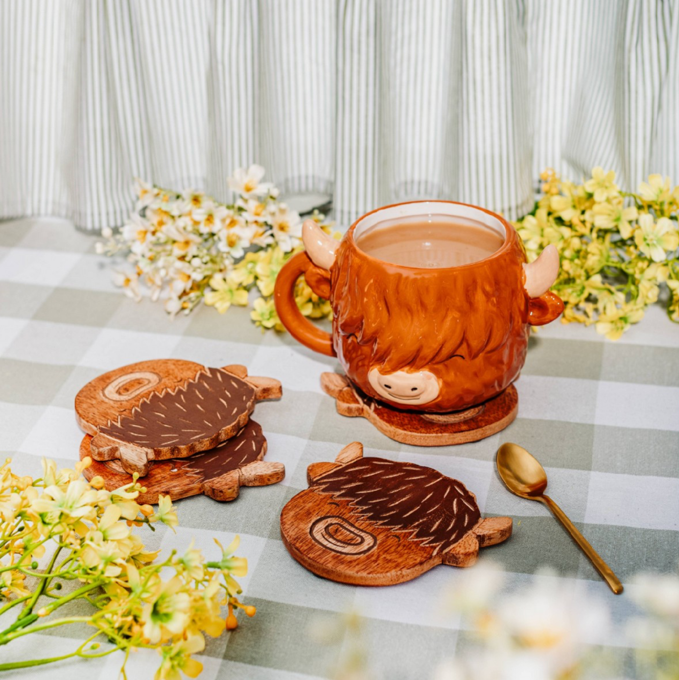 Sass & Belle Coaster Set - Set of 4 Wooden Highland Cows