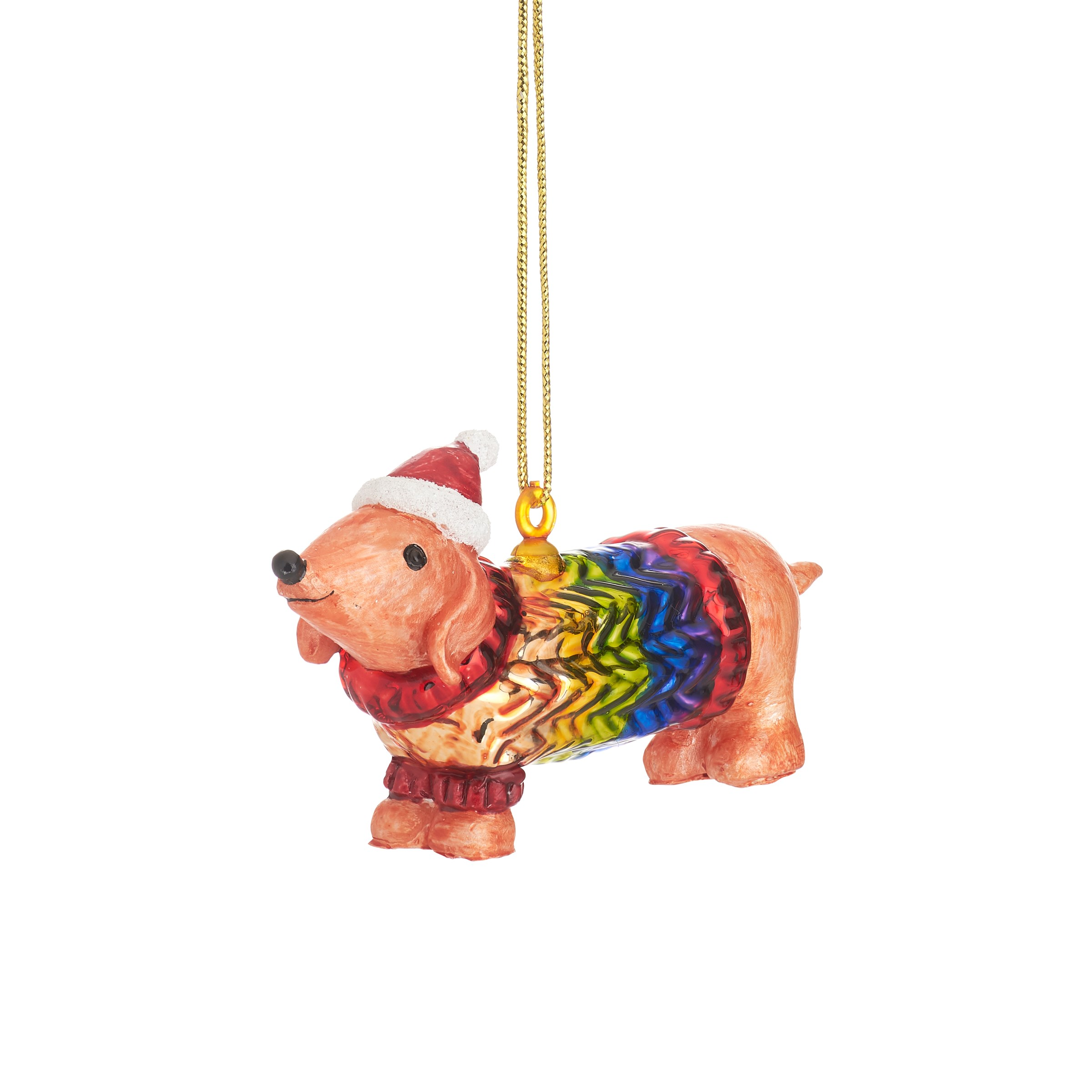 Sass & Belle Christmas Bauble - Glass Sausage Dog in a Rainbow Jumper