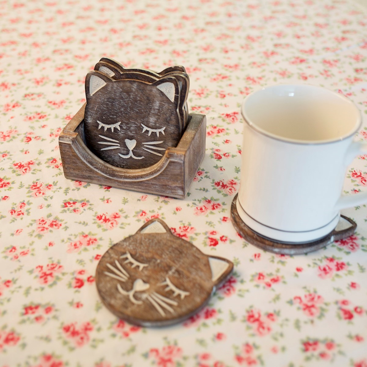 Sass & Belle Coaster Set - Set of 6 Wood Cat