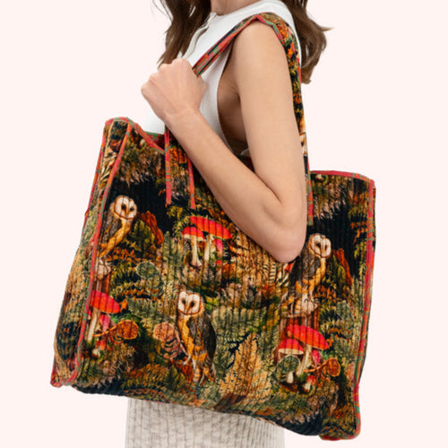 Powder Bag - Velvet Quilted Tote - Wild Woodland Owl Luxe