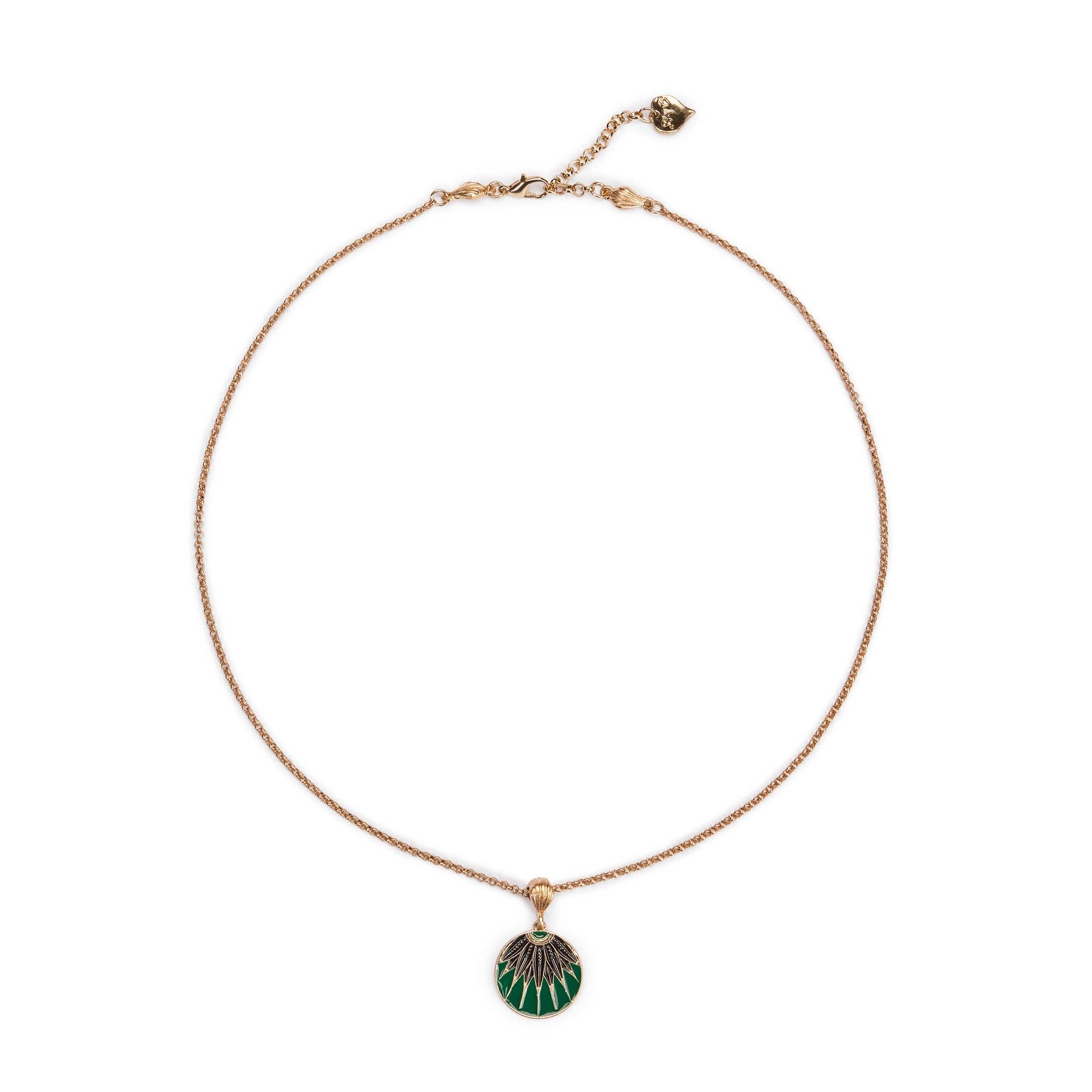 Lovett Necklace - Art deco disc vintage pendant necklace: Green enamel necklace