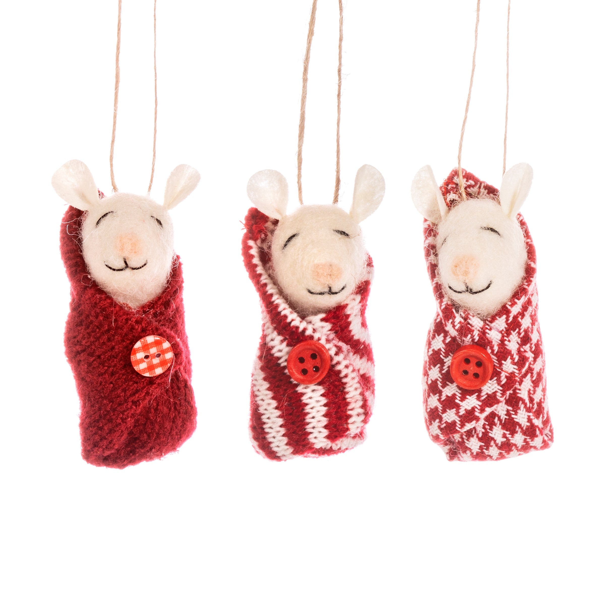 Sass & Belle Christmas Bauble - Felt Baby Mouse in Red Blanket