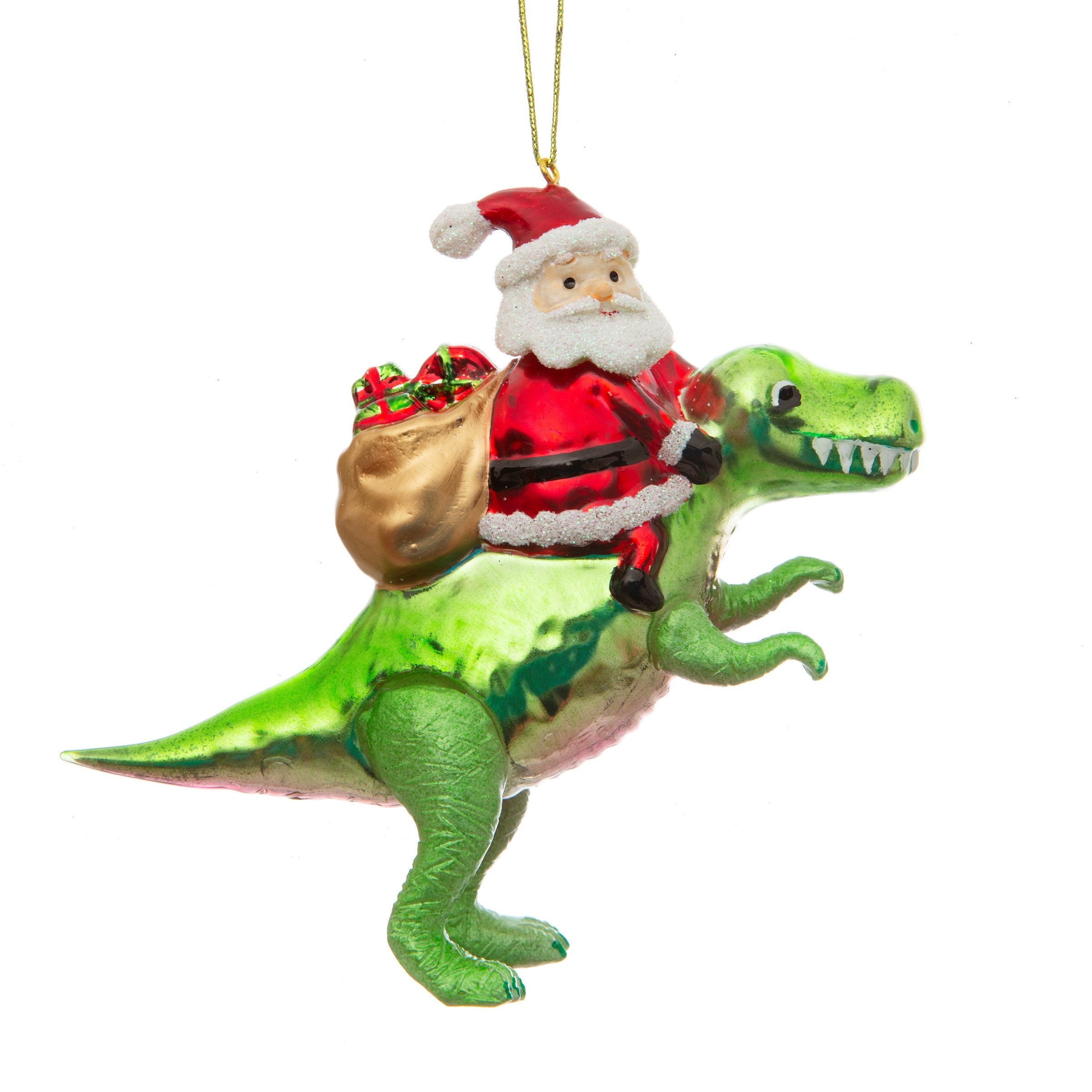 Sass & Belle Christmas Bauble - Glass Santa Riding a Dinosaur