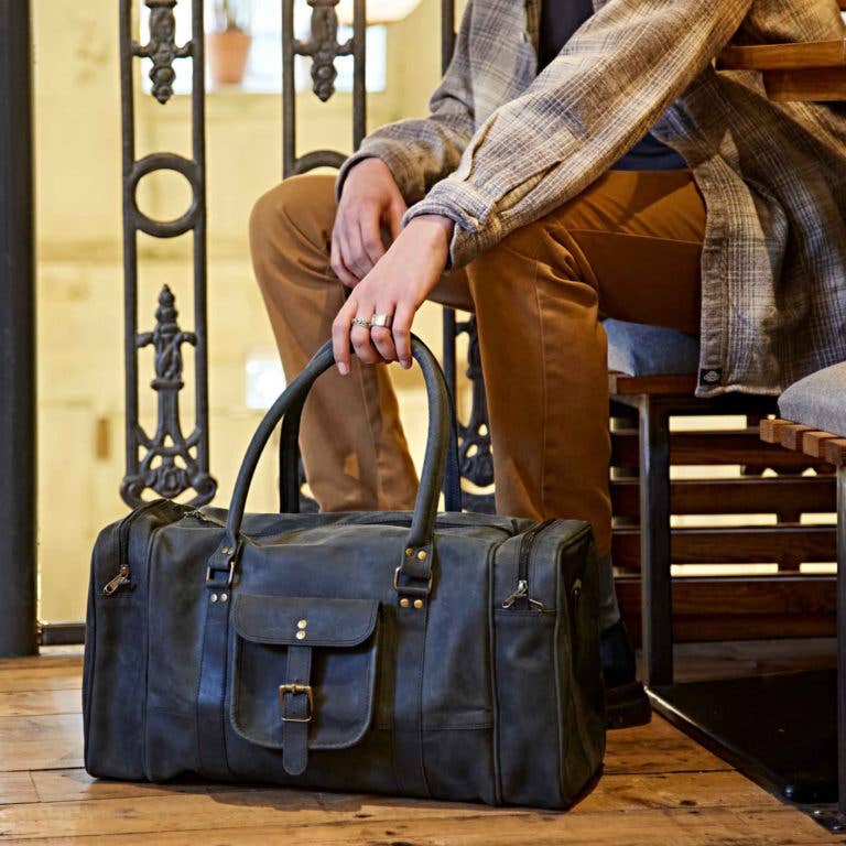 Paper High - Buffalo Leather Black Holdall Bag Zipped Pockets