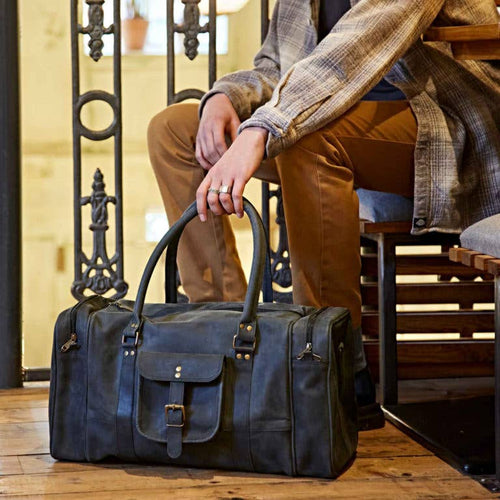 Paper High - Buffalo Leather Black Holdall Bag Zipped Pockets