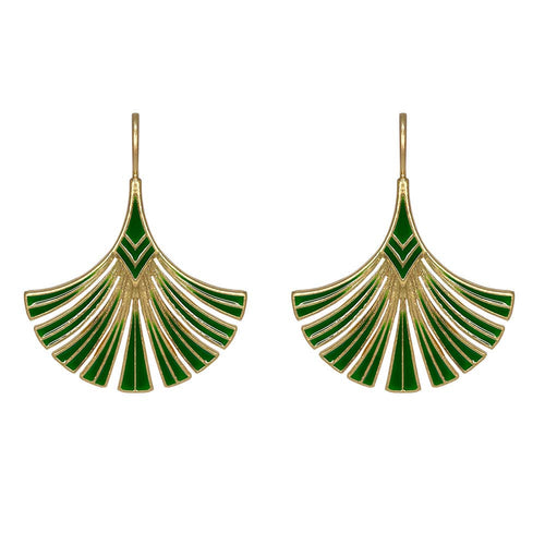 Lovett Earrings - Green Art Deco Palm Leaf