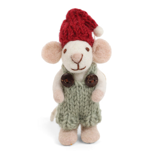 Gry & Sif Christmas - Handmade Felt Mouse Baby White with Green