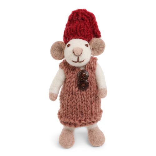 Gry & Sif Christmas - Handmade Felt Mouse White Baby with Rosa Dress