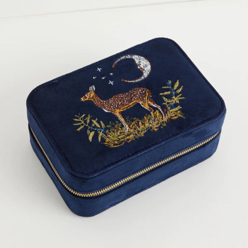 Fable Jewellery Box - Deer & Moon Embroidered Large Jewellery Box Blueberry Velvet