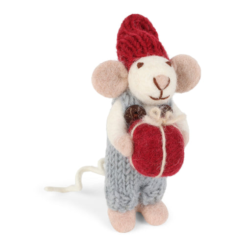 Gry & Sif Christmas - Handmade Felt Mouse with Light Blue Trousers and Present