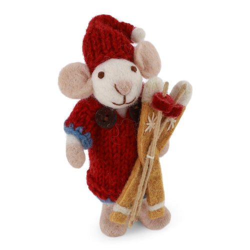 Gry & Sif Christmas - Handmade Felt Mouse Girl with Skis