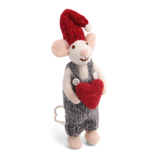 Gry & Sif Christmas - Handmade Felt Mouse Boy with Heart