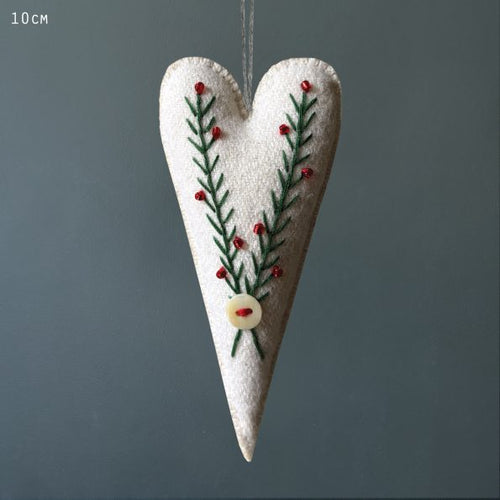 East of India Christmas - Embroidered Long Heart in Cream