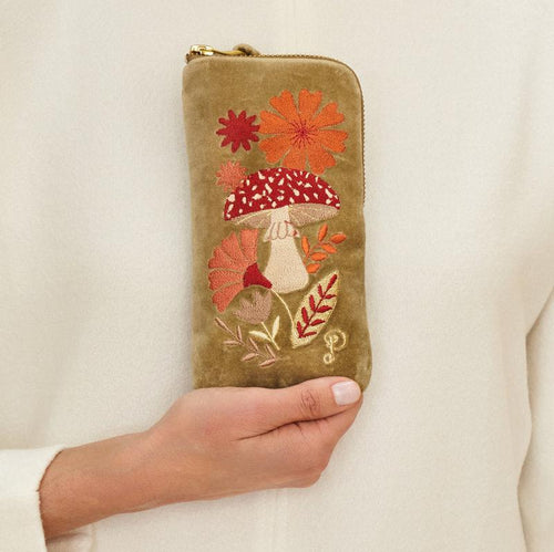 Powder Glasses Pouch - Velvet Embroidered Tranquil Toadstool - Sage