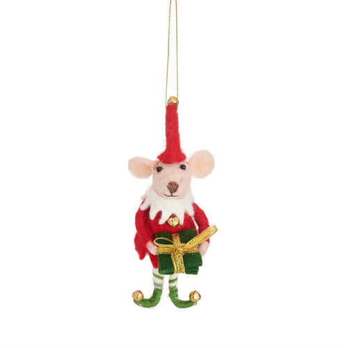 Sass & Belle Christmas Bauble - Felt Elf Mouse with Present