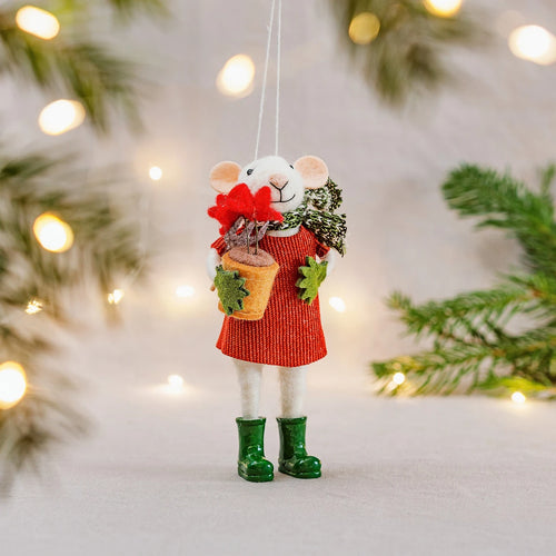 Sass & Belle Christmas Bauble - Felt Gardening Mouse with Fork and Flower Pot