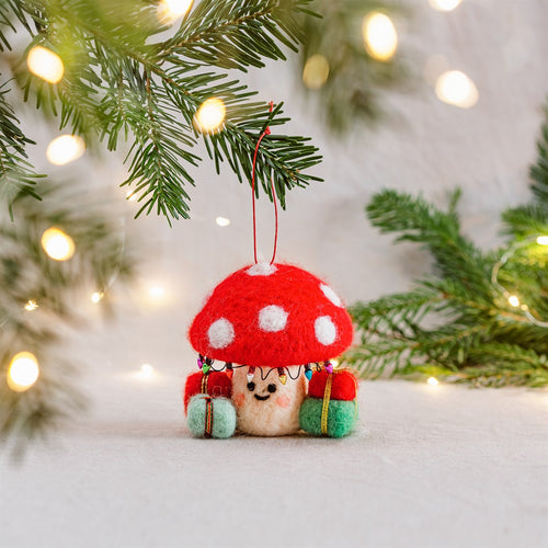 Sass & Belle Christmas Bauble - Felt Mushroom with Presents Hanging