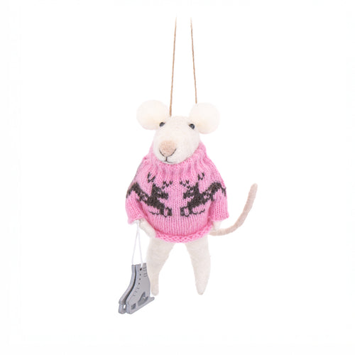 Sass & Belle Christmas Bauble - Felt Ice Skating Pink Mouse