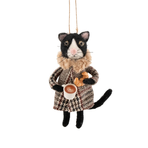 Sass & Belle Christmas Bauble - Felt Cat with Coffee and Croissant