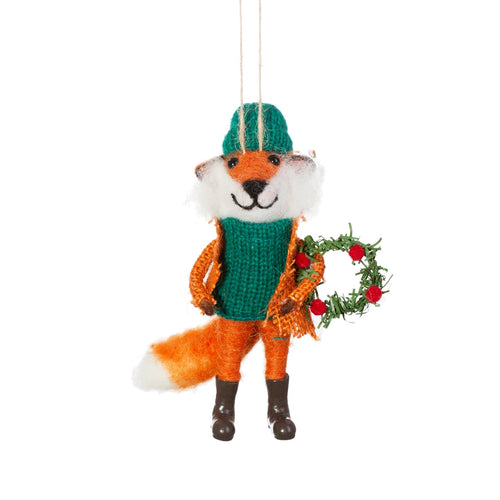 Sass & Belle Christmas Bauble - Felt Green Fox with Wreath