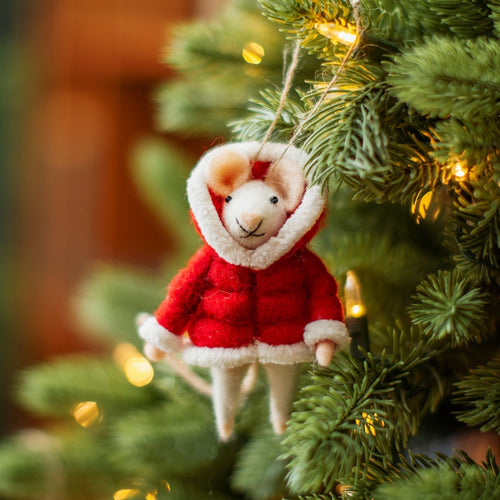 Sass & Belle Christmas Bauble - Felt Mouse in Puffer Jacket Hanging