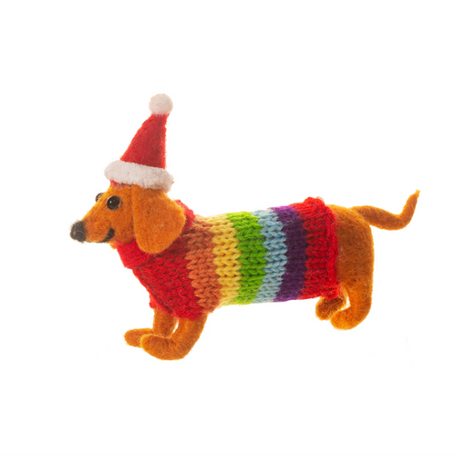 Sass & Belle Christmas Bauble - Felt Sausage Dog with Rainbow Jumper