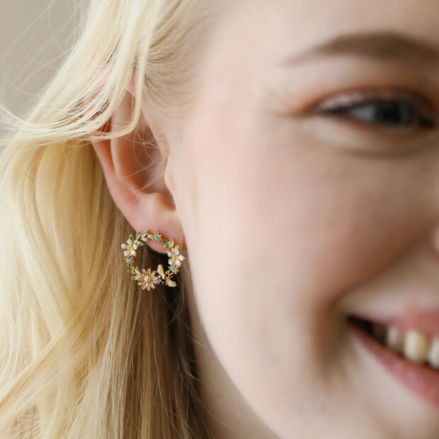 Lisa Angel Earrings - Crystal Flower and Enamel Bee Stud Earrings