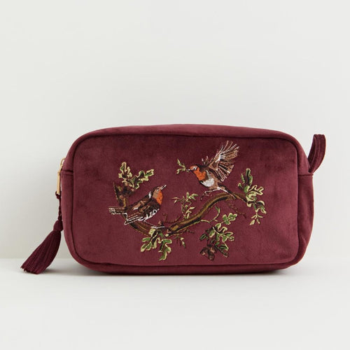 Fable Pouch - Robin Love Embroidered Pouch Redcurrant Velvet