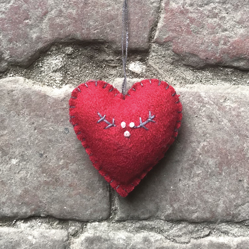 East of India Christmas Embroidered Heart Bauble - Small Red / Berry branch