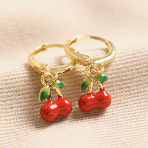 Lisa Angel Earrings - Enamel Red Cherry Charm Huggie Hoop Earrings in Gold