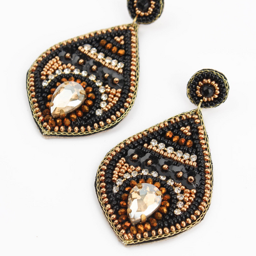 My Doris Earrings - Beaded Black and Gold Teardrop