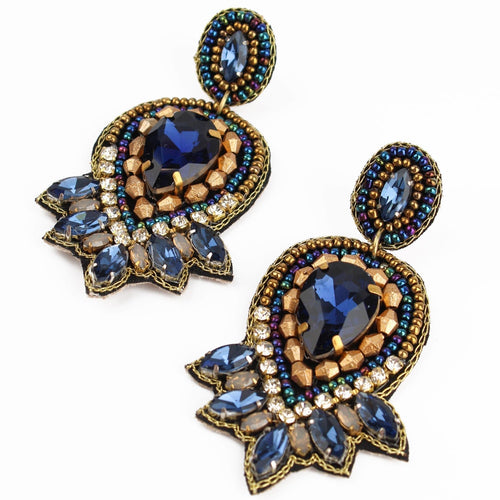 My Doris Earrings - Beaded Art Deco Blue and Gold