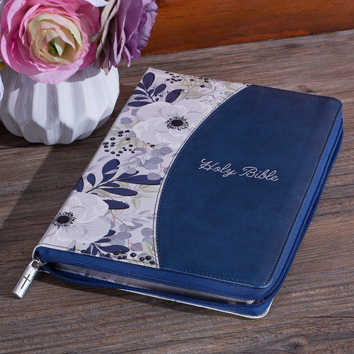 KJV - Large Print Thinline Bible - Blue Pearlised Floral Faux Leather with Zippered Closure