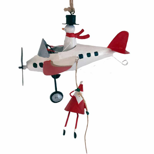 G-Bork Handmade Tin Snowman with Santa Hanging from a Plane