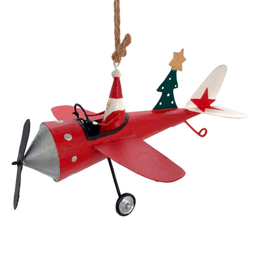 G-Bork Handmade Tin Santa in Red Plane
