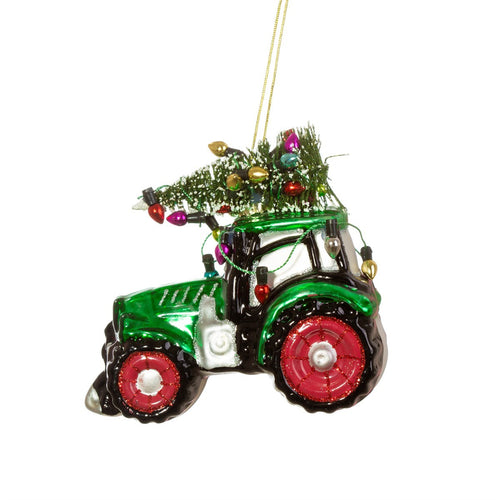 Sass & Belle Christmas Bauble - Glass Festive Tractor Green